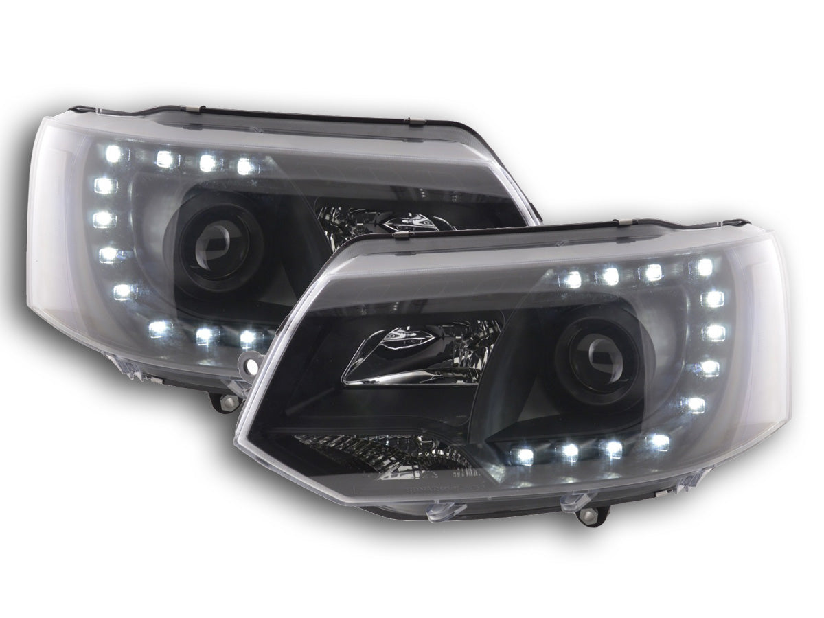 Scheinwerfer Set Daylight LED Tagfahrlicht VW Bus T5 ab 2009 schwarz Scheinwerfer Set Daylight LED Tagfahrlicht VW Bus T5 ab 2009 schwarz